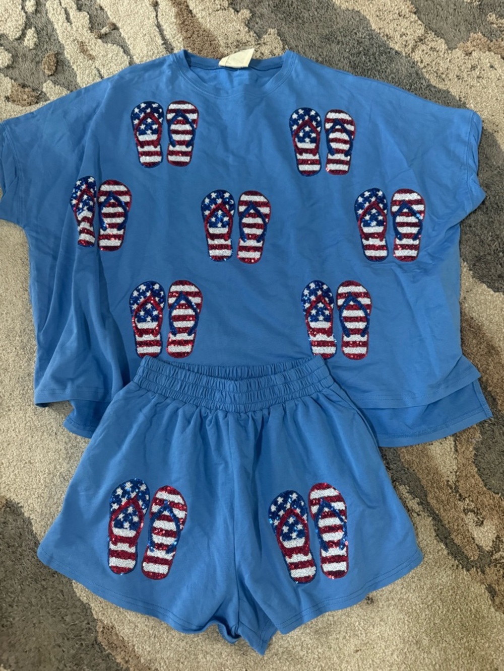 Blue Two-Piece Set with American Flag Flip-Flop Embroidery Size Small